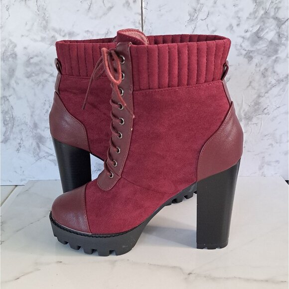Women’s Moda Burgundy Lace-Up Chunky Block Heel Ankle Booties - Picture 5 of 11